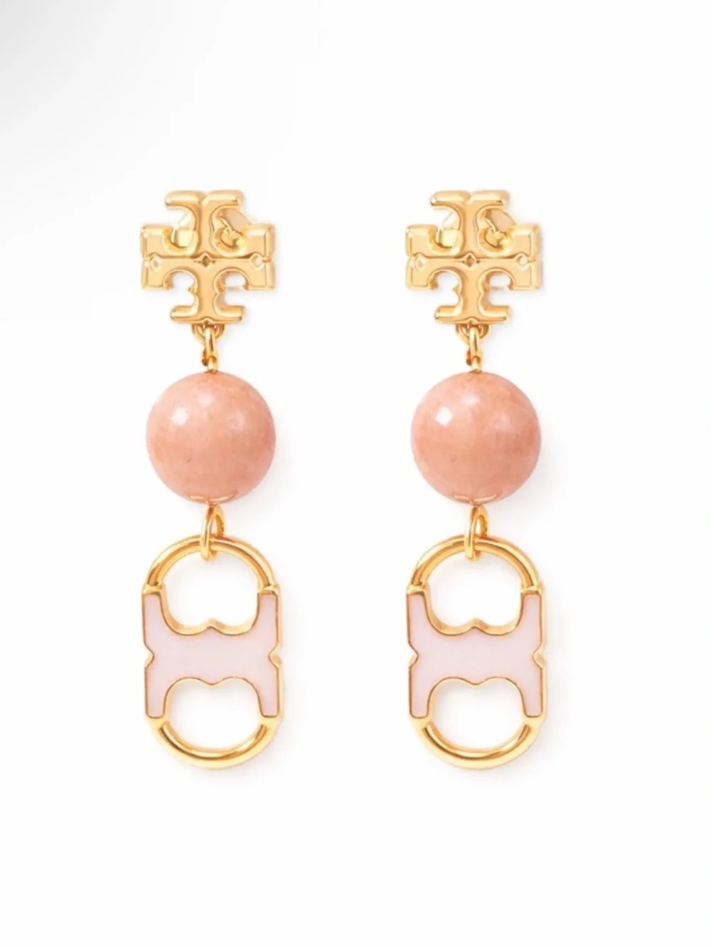 Tory Burch Pink Enamel Drop Earrings Gold Tone Logo Bead Statement NEW $148